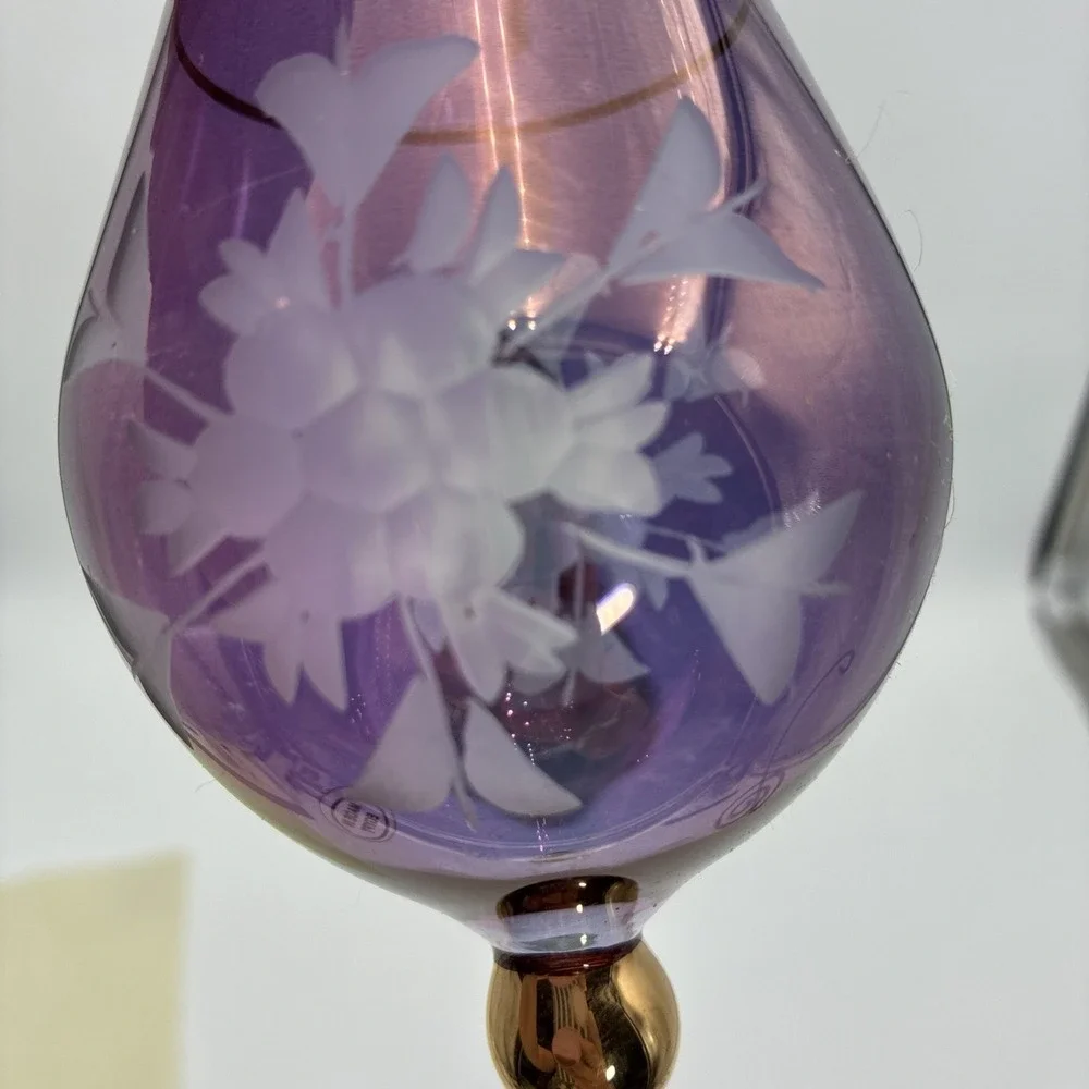 Vintage Egyptian Hand Blown Glass Ornaments Etched Floral Gold Trim Set of 2